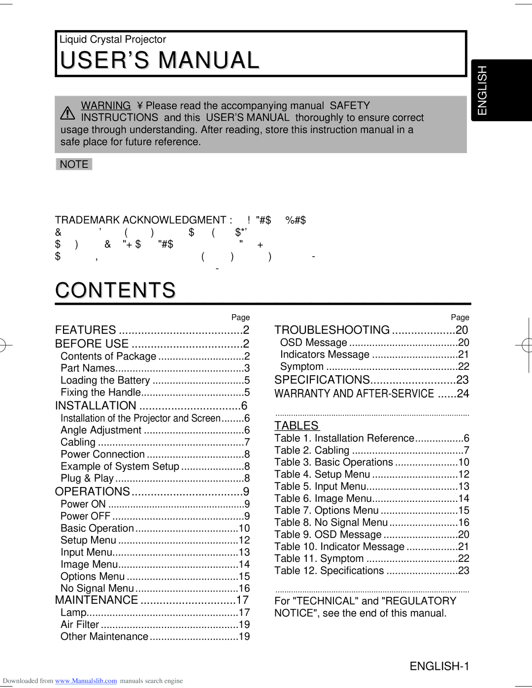 Hitachi CP-S370W user manual Contents 