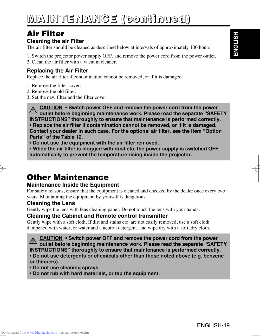 Hitachi CP-S370W user manual Air Filter, Other Maintenance 