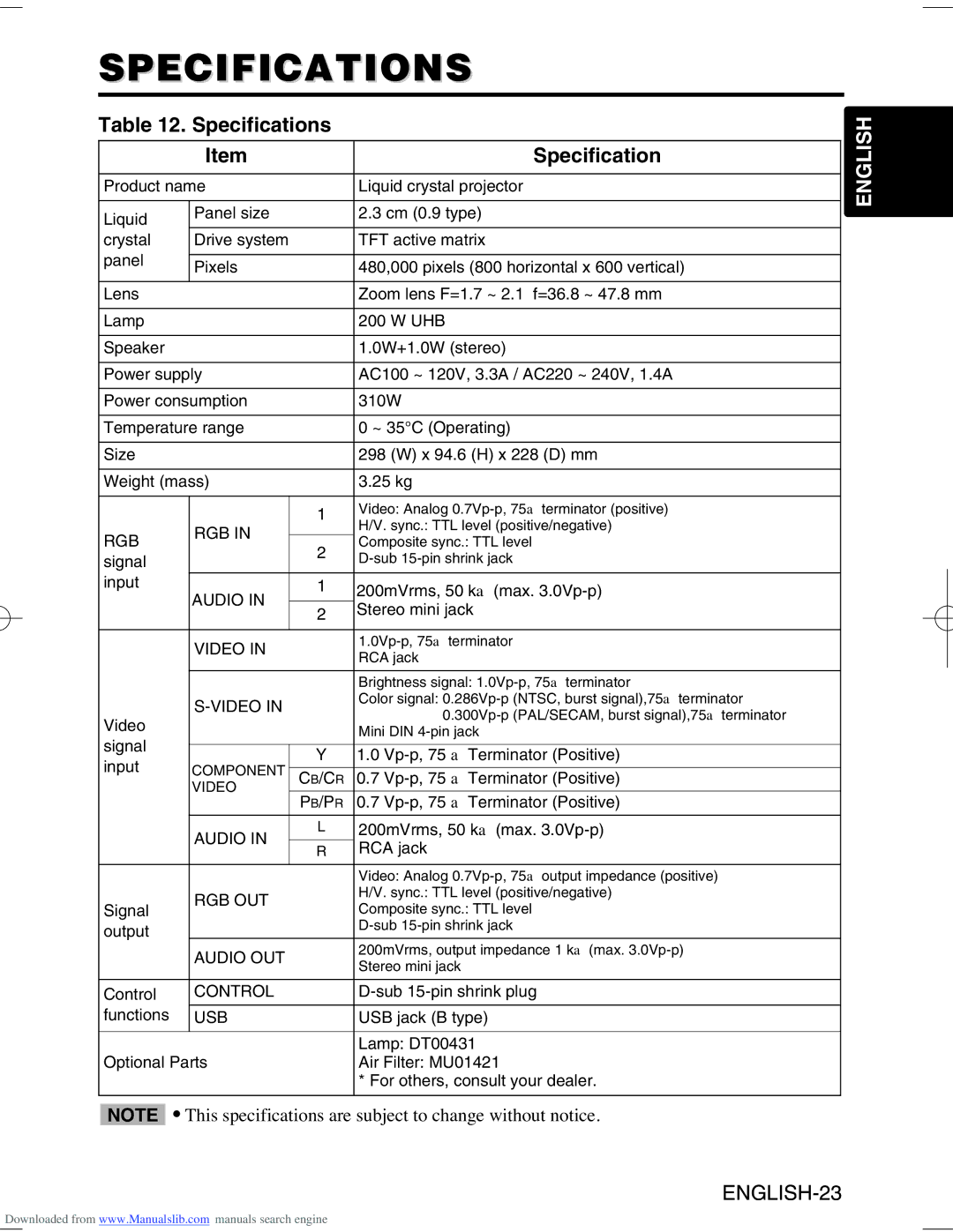 Hitachi CP-S370W user manual Specifications 