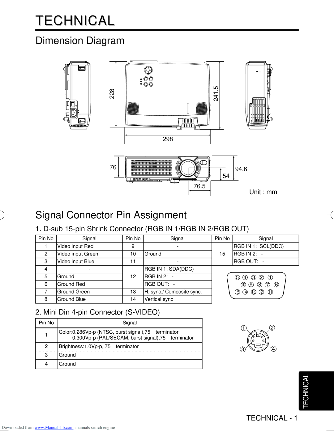 Hitachi CP-S370W user manual Technical, Dimension Diagram, Signal Connector Pin Assignment, Unit mm 