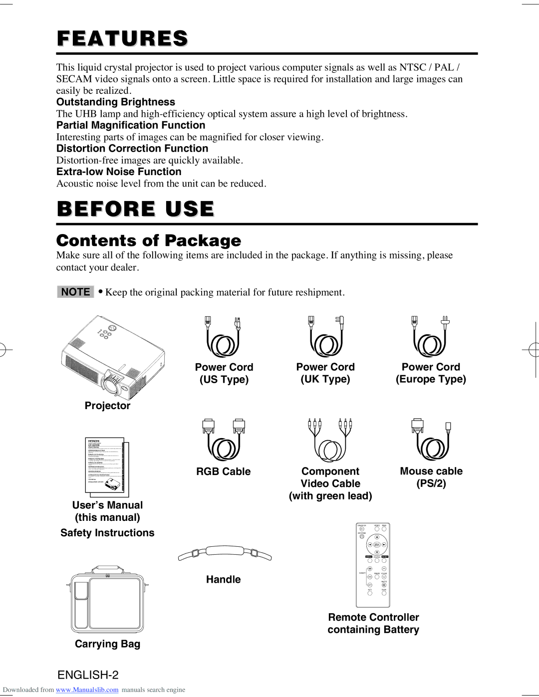 Hitachi CP-S370W user manual Features, Before USE, Contents of Package 