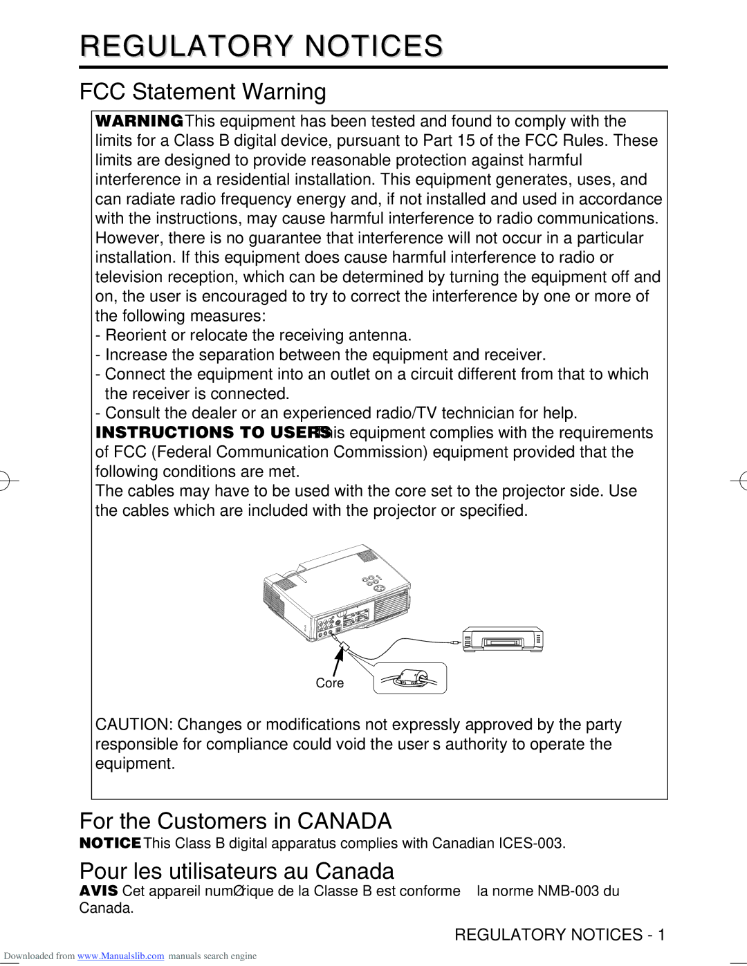 Hitachi CP-S370W Regulatory Notices, FCC Statement Warning, For the Customers in Canada Pour les utilisateurs au Canada 