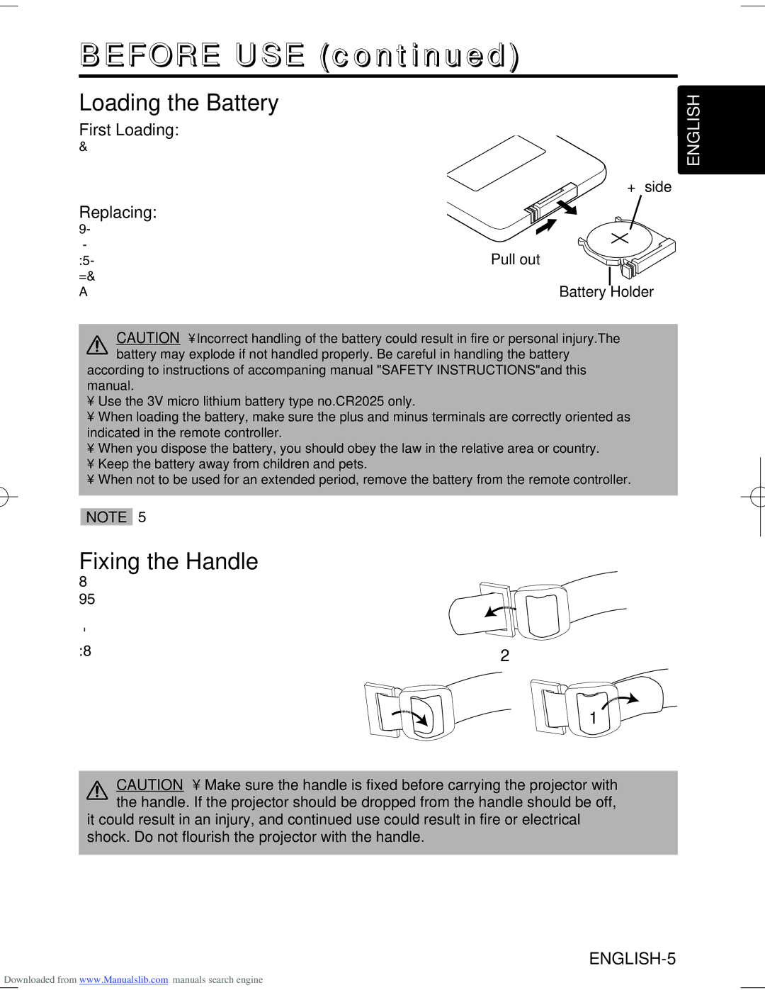 Hitachi CP-S370W user manual Loading the Battery, Fixing the Handle, First Loading, Replacing 