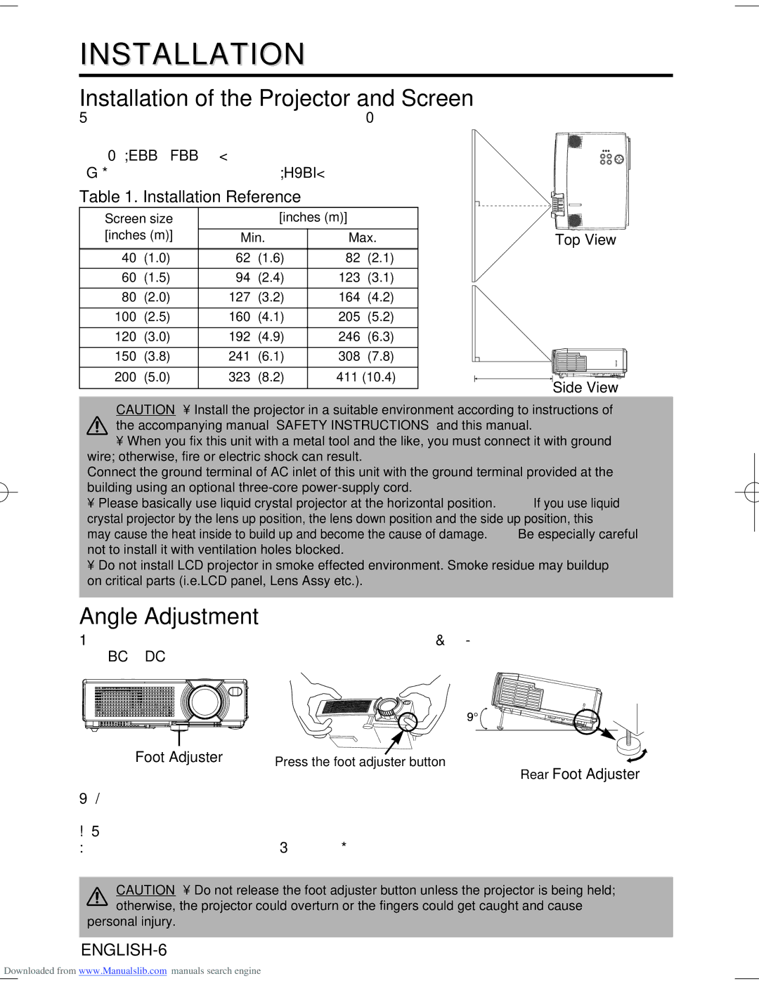 Hitachi CP-S370W user manual Installation of the Projector and Screen, Angle Adjustment, Installation Reference 