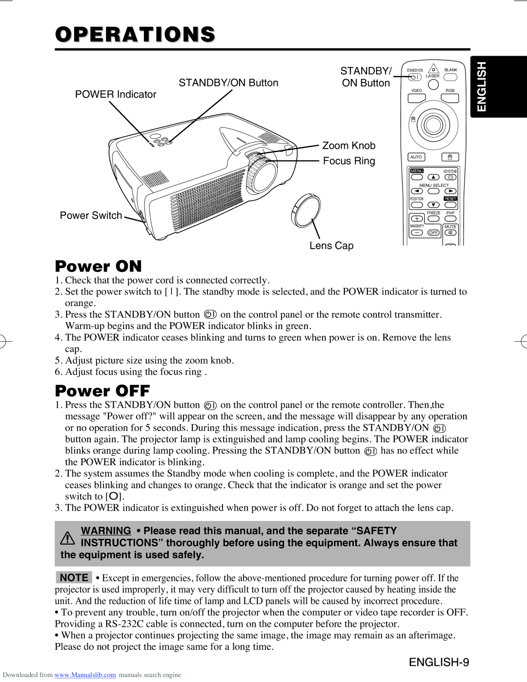 Hitachi CP-S420/CP-X430, CP-S420WA/CP-X430WA/CP-X430W Operations, Power on, Power OFF, Standby, Equipment is used safely 