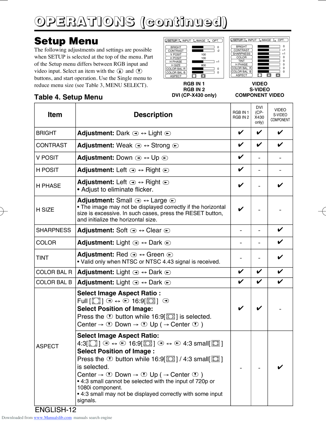 Hitachi CP-S420WA/CP-X430WA/CP-X430W, CP-S420/CP-X430 user manual Setup Menu 