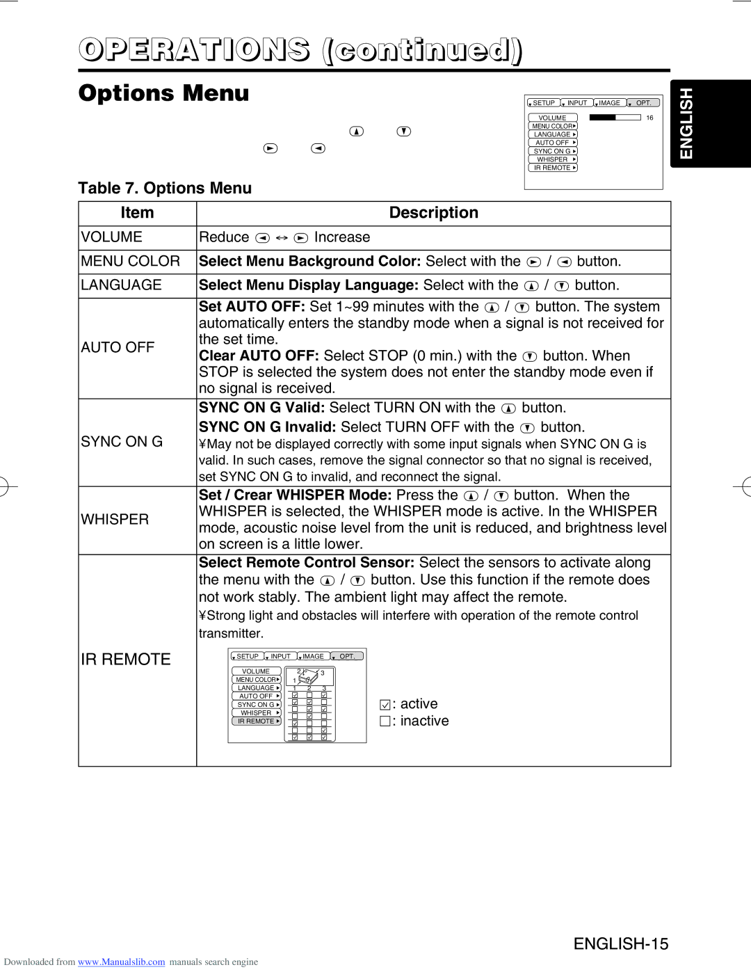 Hitachi CP-S420/CP-X430, CP-S420WA/CP-X430WA/CP-X430W Options Menu, Select Menu Background Color Select with the / button 