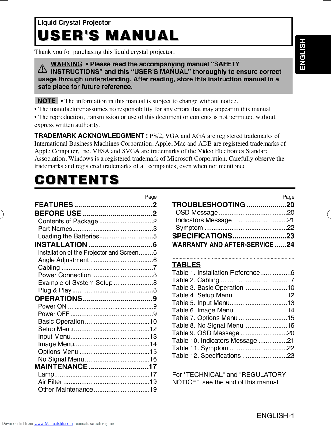 Hitachi CP-S420/CP-X430, CP-S420WA/CP-X430WA/CP-X430W user manual Contents 