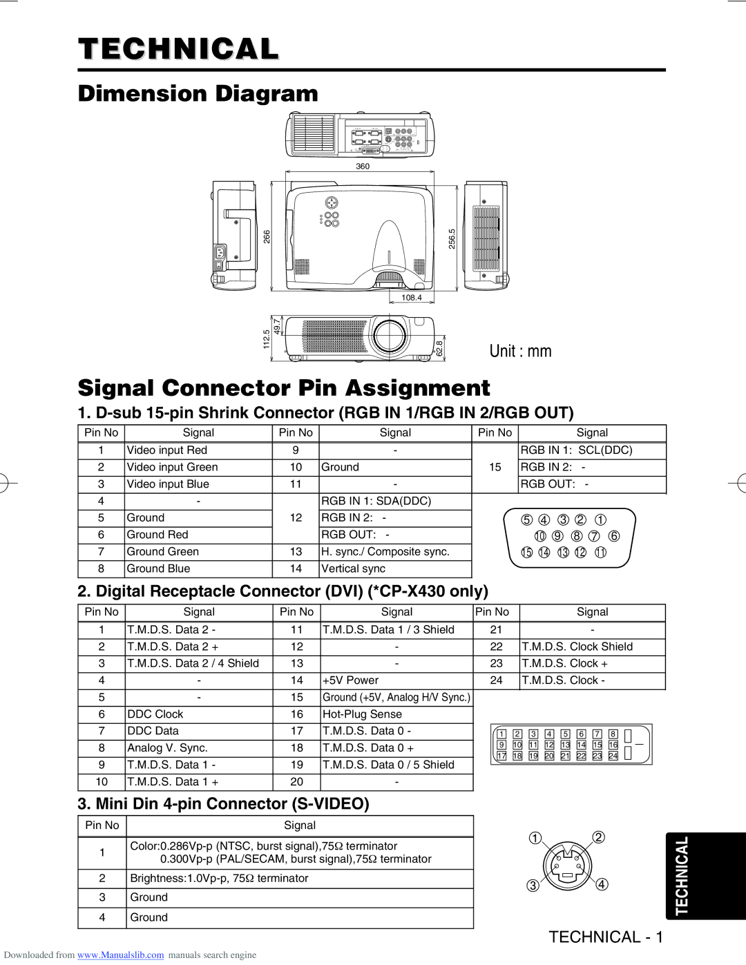 Hitachi CP-S420/CP-X430, CP-S420WA/CP-X430WA/CP-X430W Technical, Dimension Diagram, Signal Connector Pin Assignment 