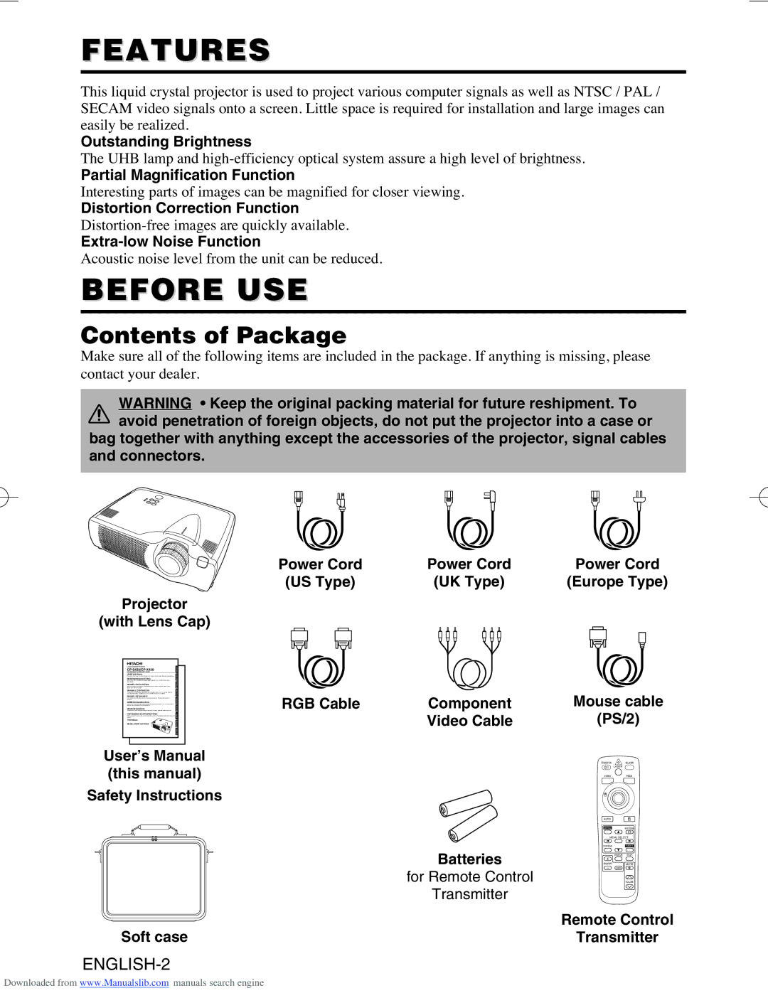 Hitachi CP-S420WA/CP-X430WA/CP-X430W, CP-S420/CP-X430 user manual Features, Before USE, Contents of Package 