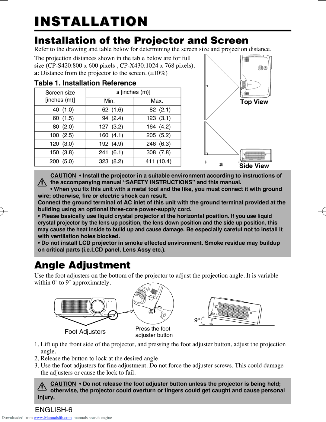 Hitachi CP-S420WA/CP-X430WA/CP-X430W Installation of the Projector and Screen, Angle Adjustment, Top View Side View 