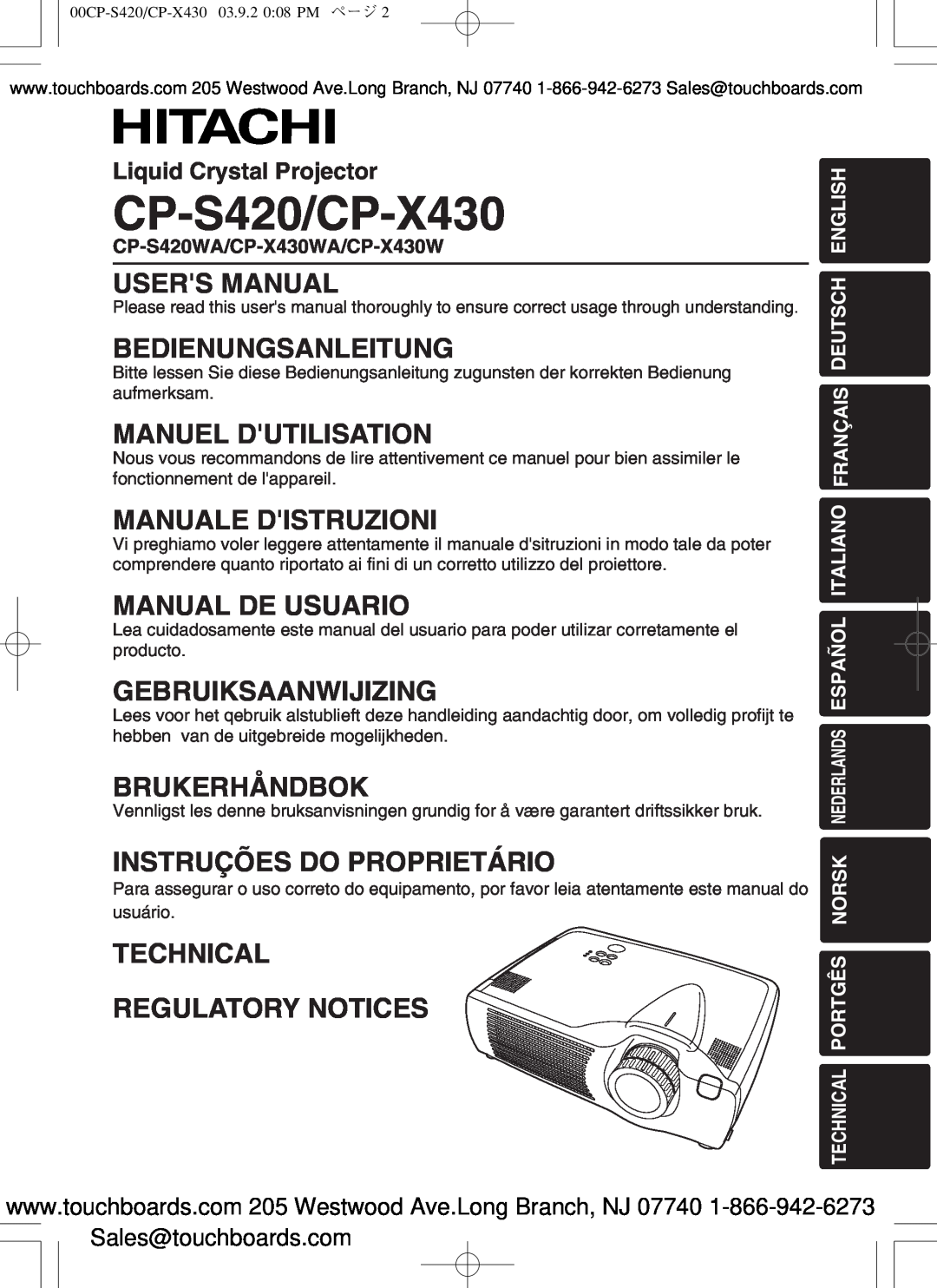 Hitachi CP-X430W, CP-S420WA user manual Bedienungsanleitung, Manuel Dutilisation, Manuale Distruzioni, Manual De Usuario 