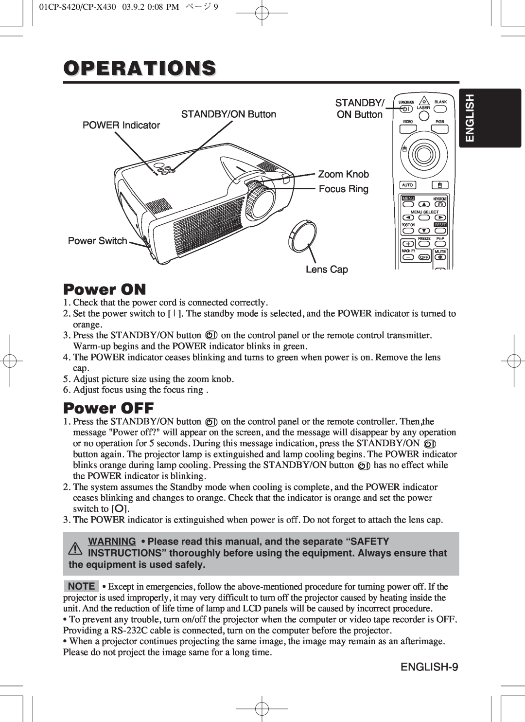 Hitachi CP-S420WA, CP-X430WA user manual Operations, Power ON, Power OFF, English 