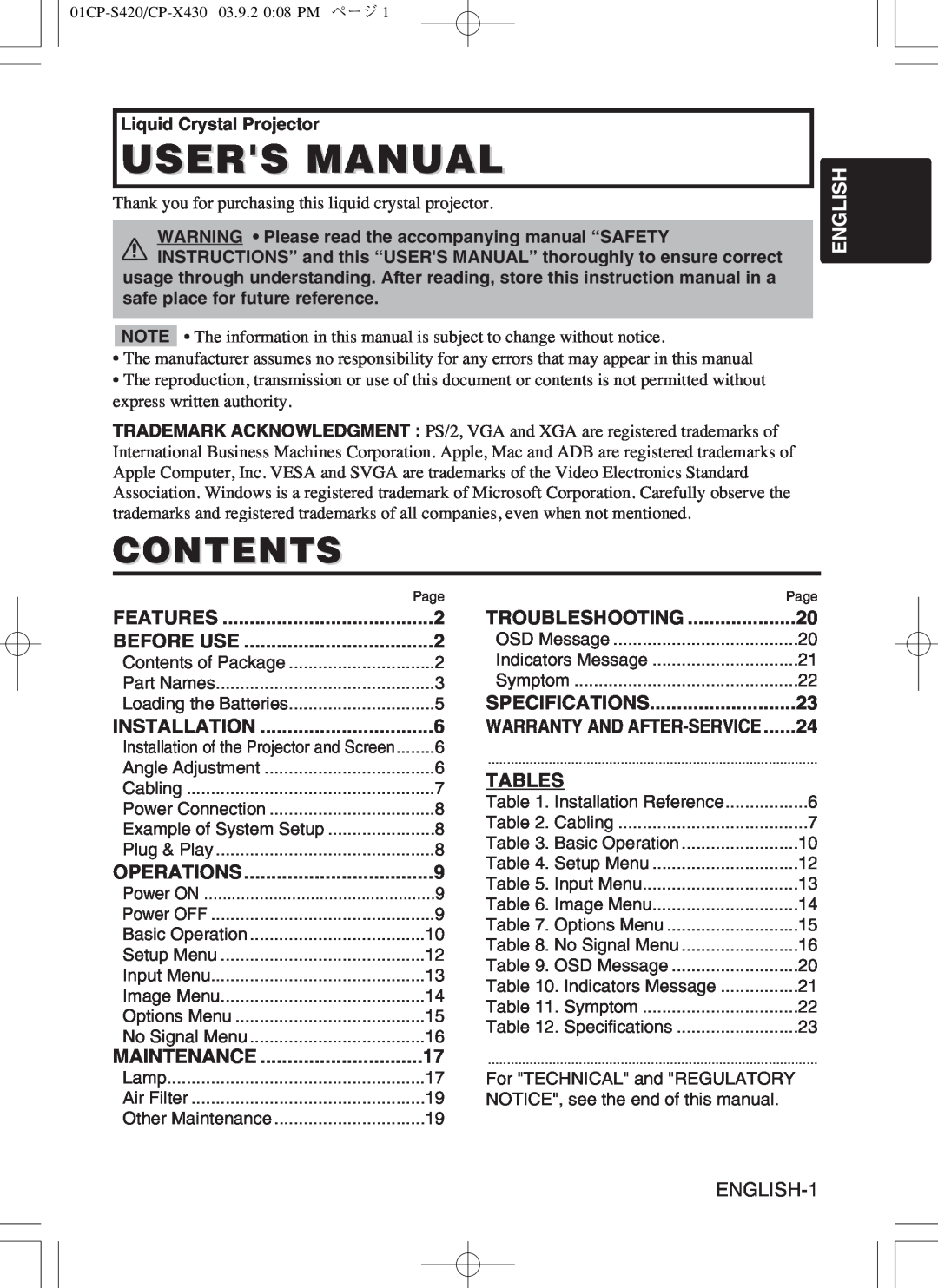 Hitachi CP-X430WA, CP-S420WA user manual Contents, Tables, English 
