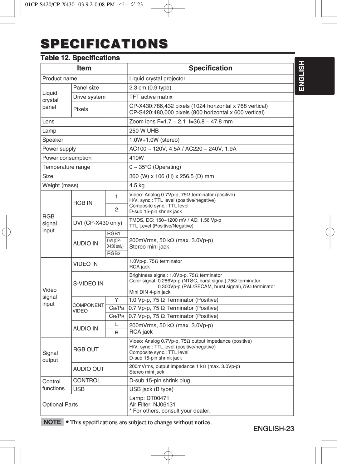 Hitachi CP-S420WA, CP-X430WA user manual Specifications, English 
