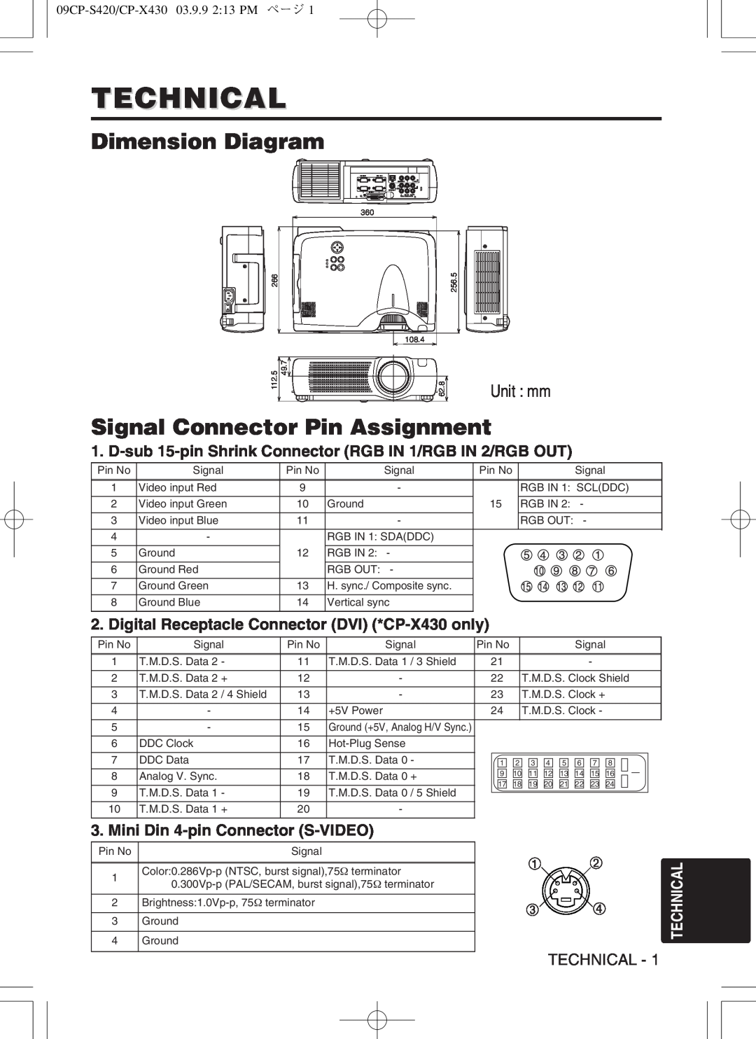 Hitachi CP-X430WA Technical, Dimension Diagram, Signal Connector Pin Assignment, Mini Din 4-pinConnector S-VIDEO, Unit mm 