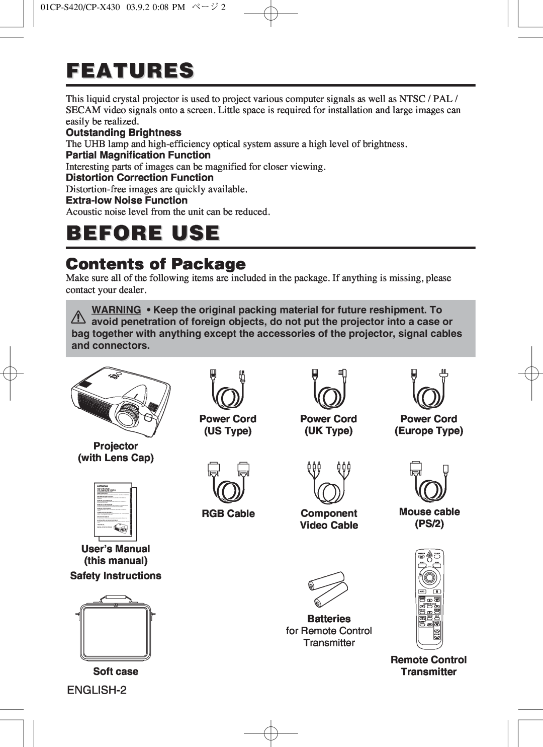Hitachi CP-S420WA, CP-X430WA user manual Features, Before Use, Contents of Package 