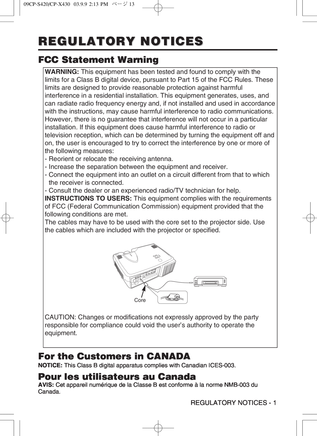Hitachi CP-X430WA Regulatory Notices, FCC Statement Warning, For the Customers in CANADA, Pour les utilisateurs au Canada 