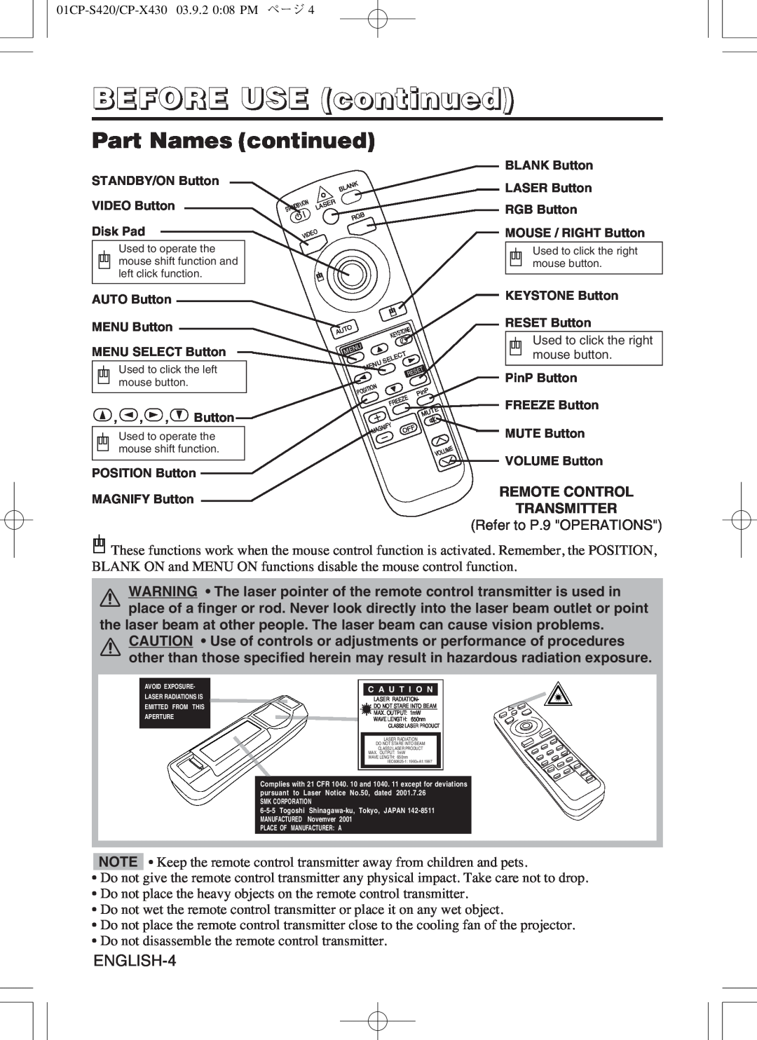 Hitachi CP-X430WA, CP-S420WA user manual Part Names continued, BEFORE USE continued, ENGLISH-4 