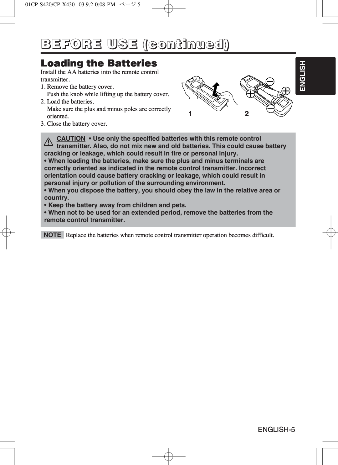 Hitachi CP-S420WA, CP-X430WA user manual Loading the Batteries, BEFORE USE continued, English, ENGLISH-5 