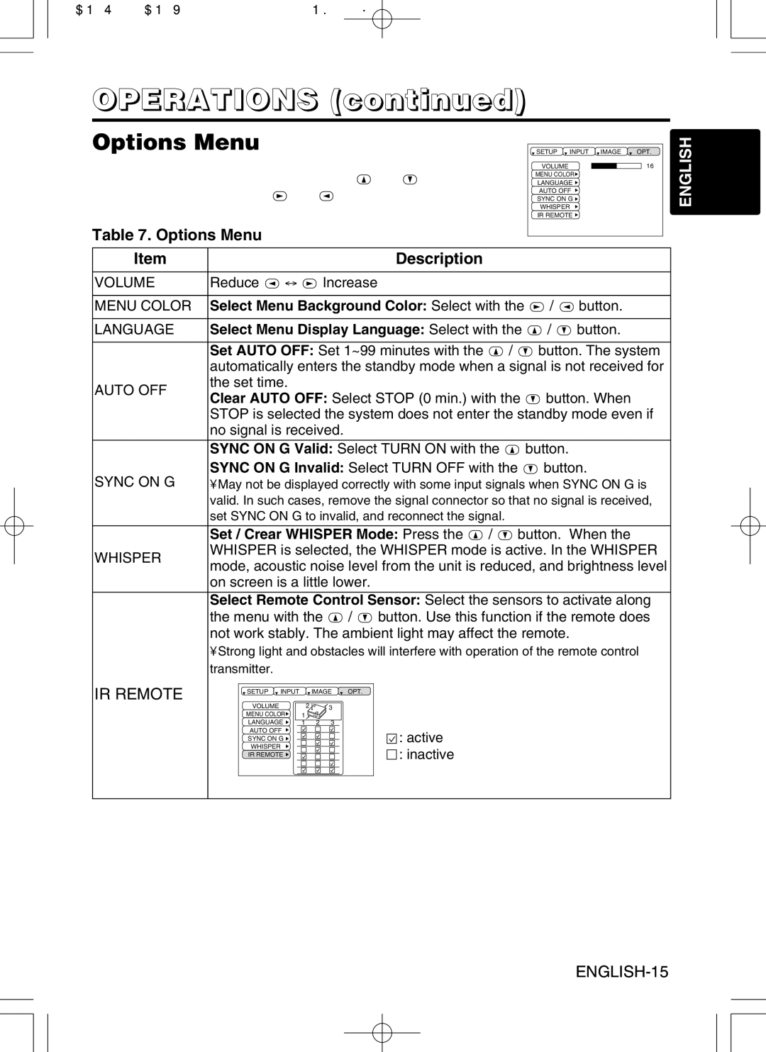 Hitachi CP-S420WA, CP-X430WA user manual Options Menu, Select Menu Background Color Select with the / button 