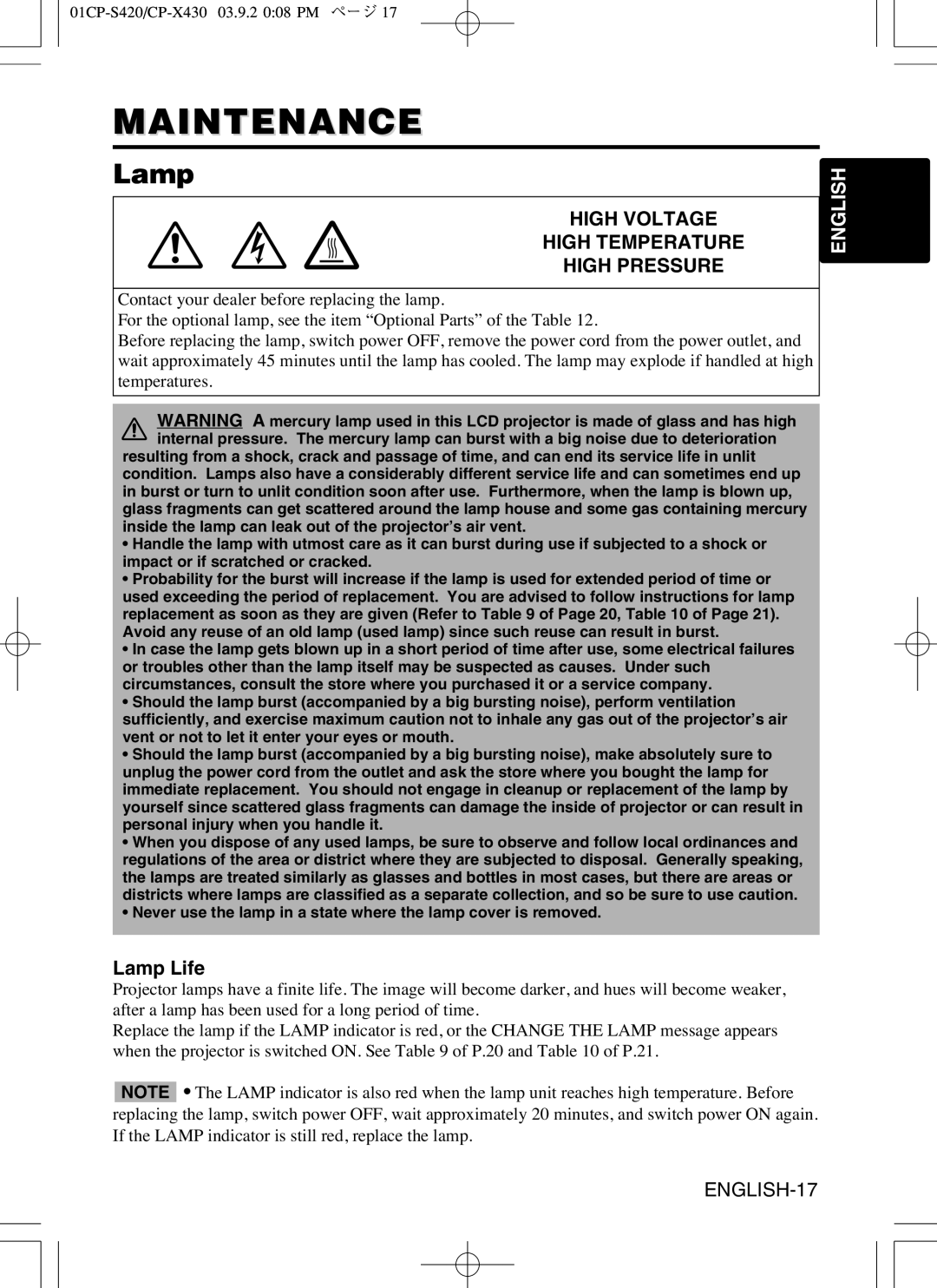 Hitachi CP-S420WA, CP-X430WA user manual Maintenance, Lamp Life 