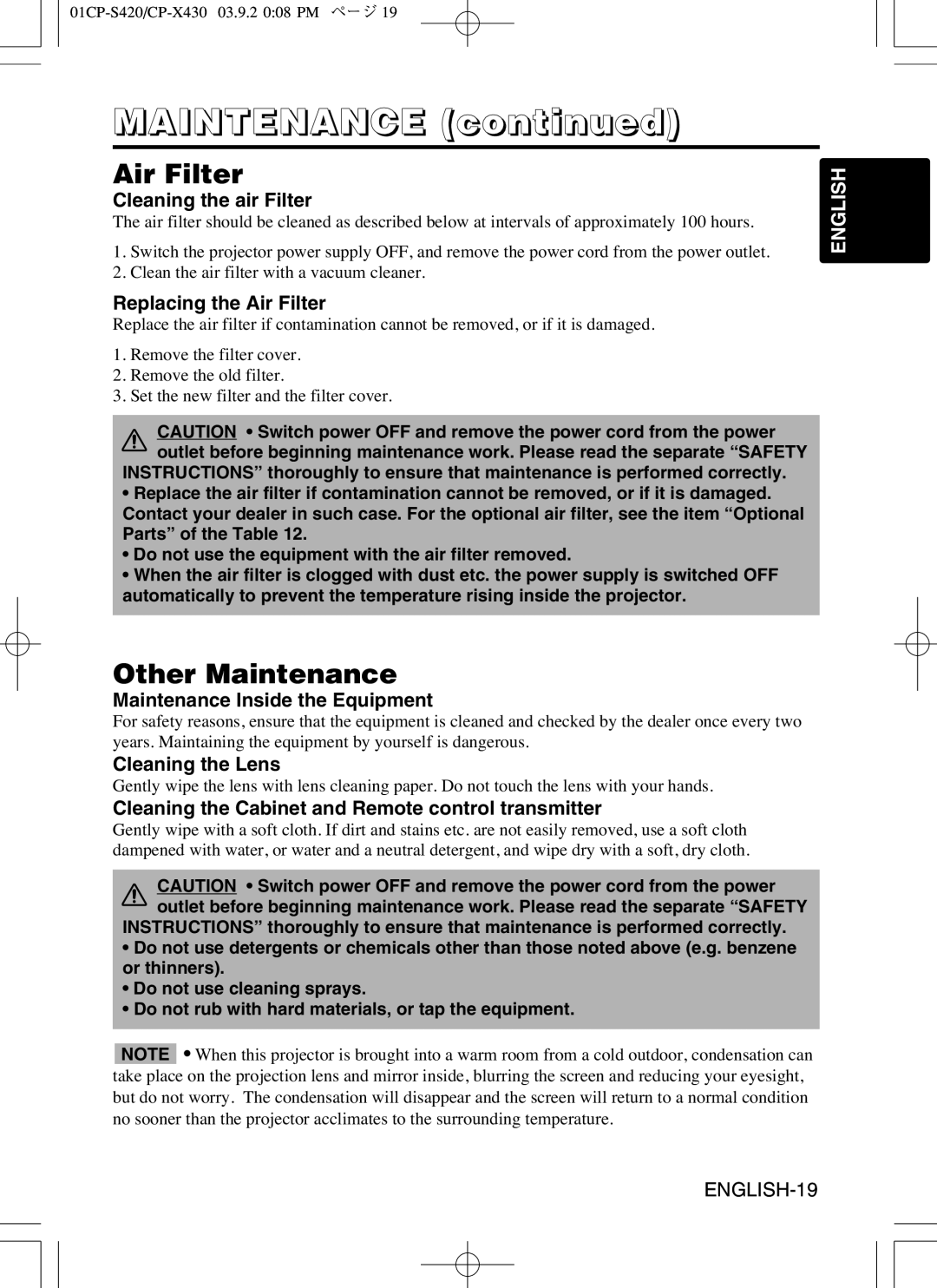 Hitachi CP-X430WA, CP-S420WA user manual Air Filter, Other Maintenance 