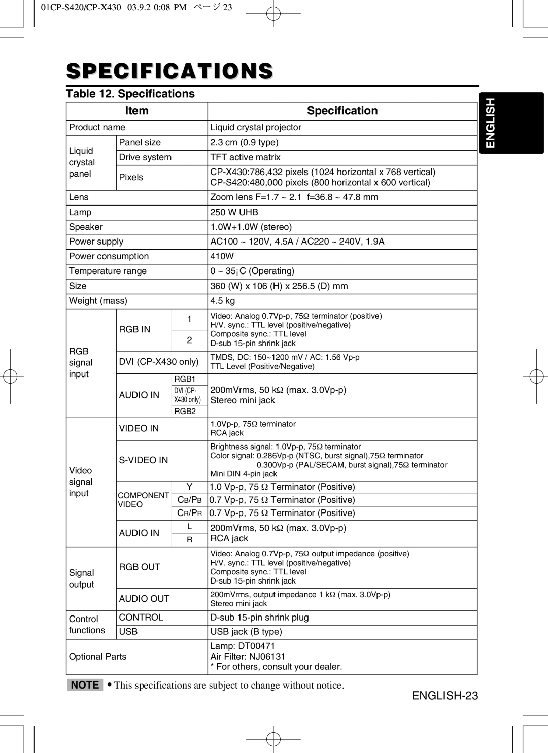 Hitachi CP-S420WA, CP-X430WA user manual Specifications 