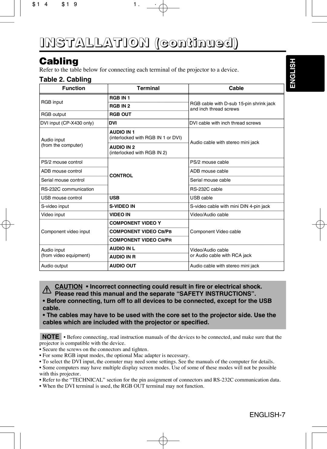 Hitachi CP-X430WA, CP-S420WA user manual Installation, Cabling 