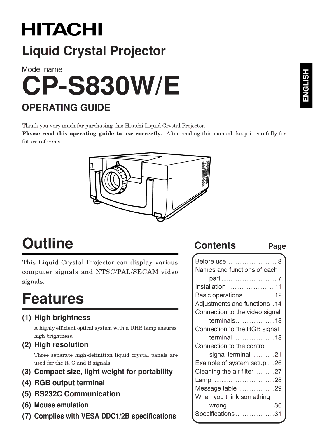 Hitachi CP-S830W/E specifications Outline, Features, Operating Guide, Contents 