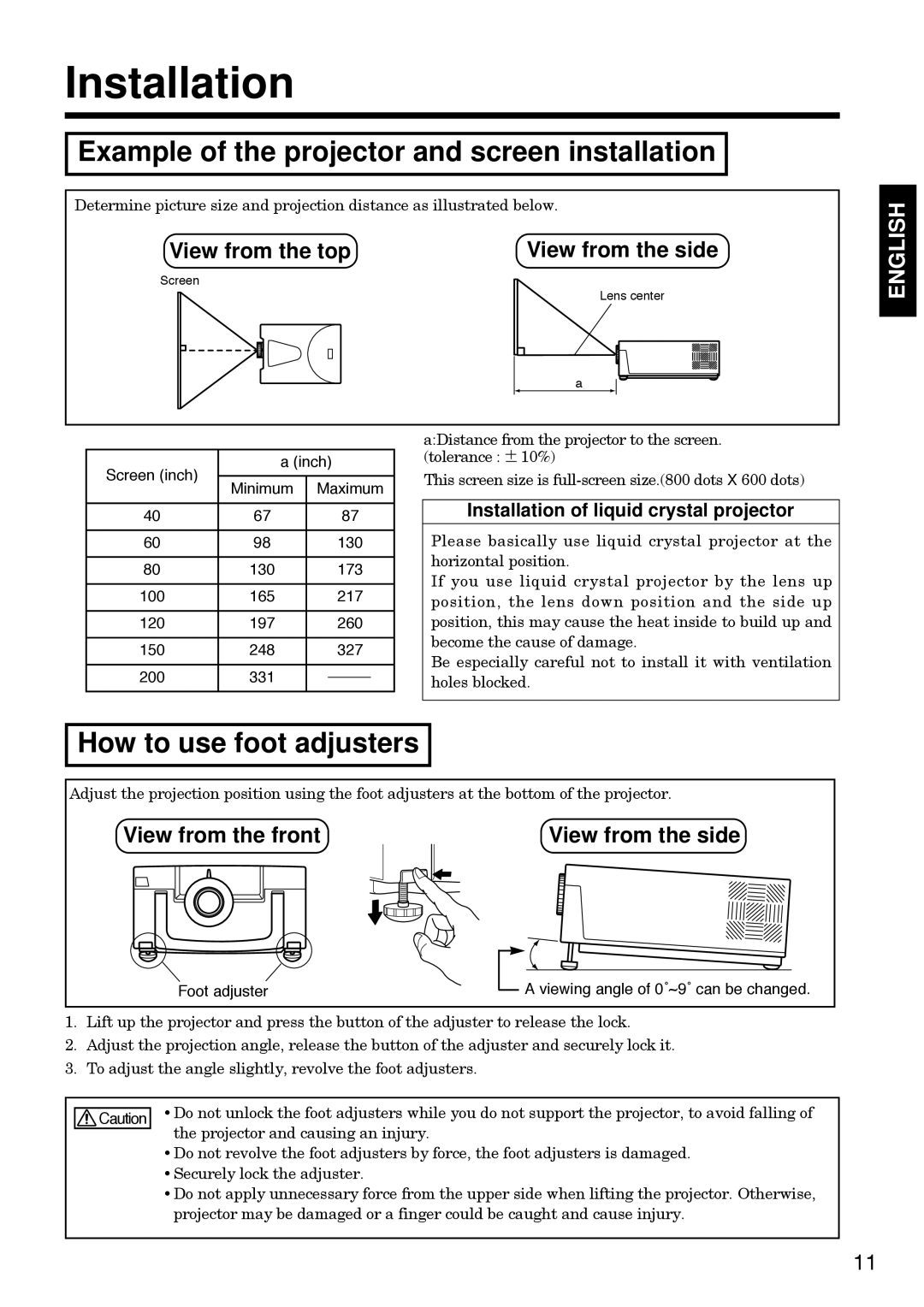 Hitachi CP-S830W/E specifications Installation, Example of the projector and screen installation, How to use foot adjusters 