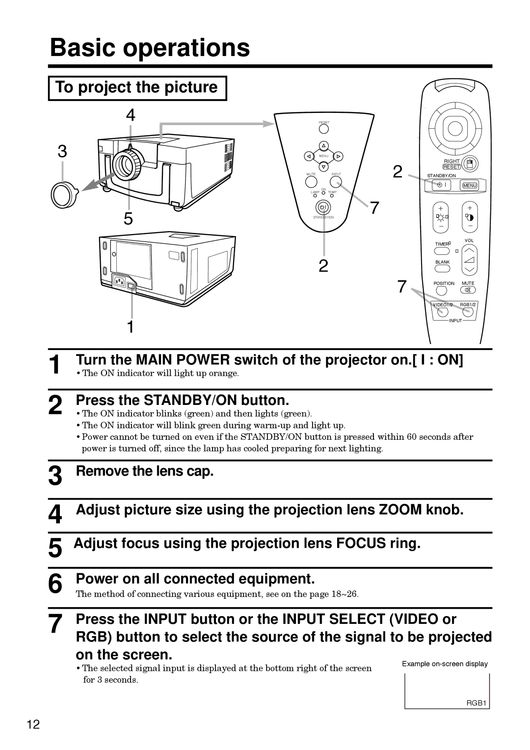 Hitachi CP-S830W/E specifications Basic operations, To project the picture 