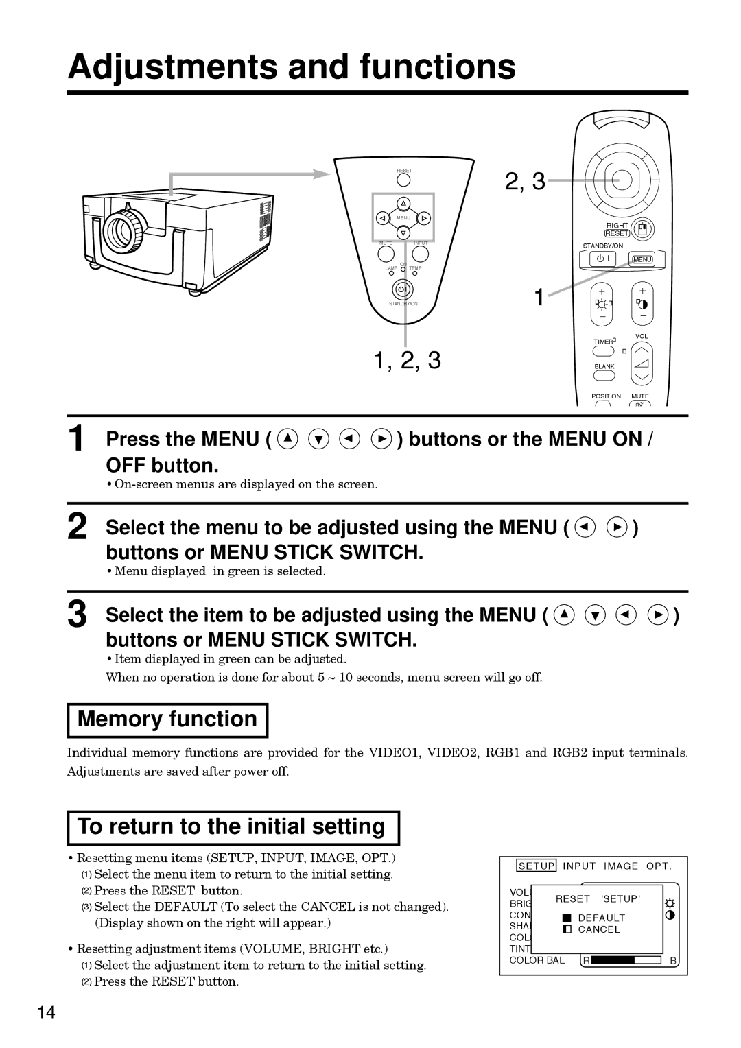 Hitachi CP-S830W/E specifications Adjustments and functions, Memory function, To return to the initial setting 