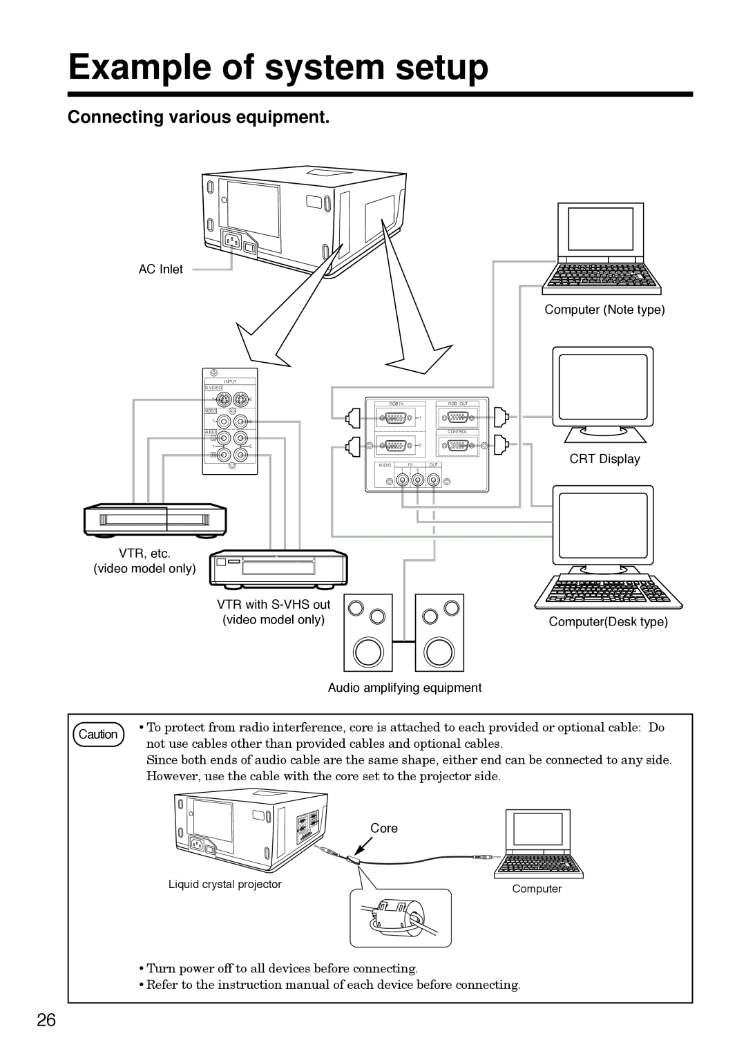 Hitachi CP-S830W/E specifications Example of system setup, Connecting various equipment 