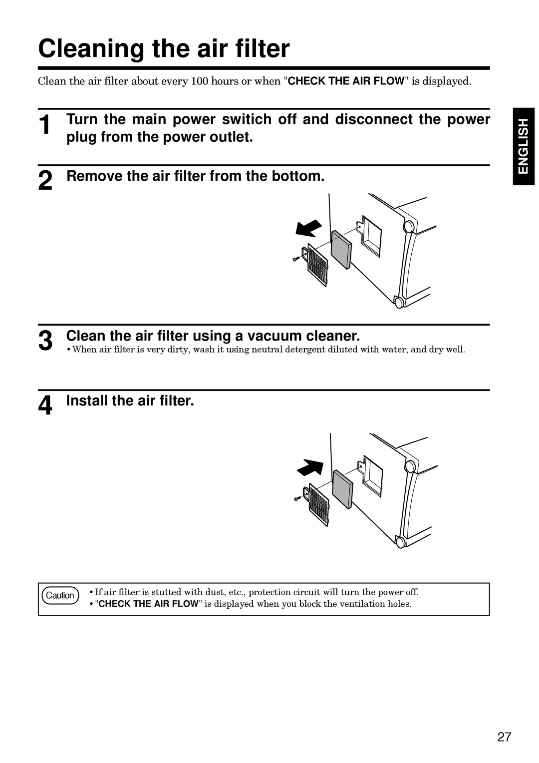 Hitachi CP-S830W/E specifications Cleaning the air filter, Clean the air filter using a vacuum cleaner 