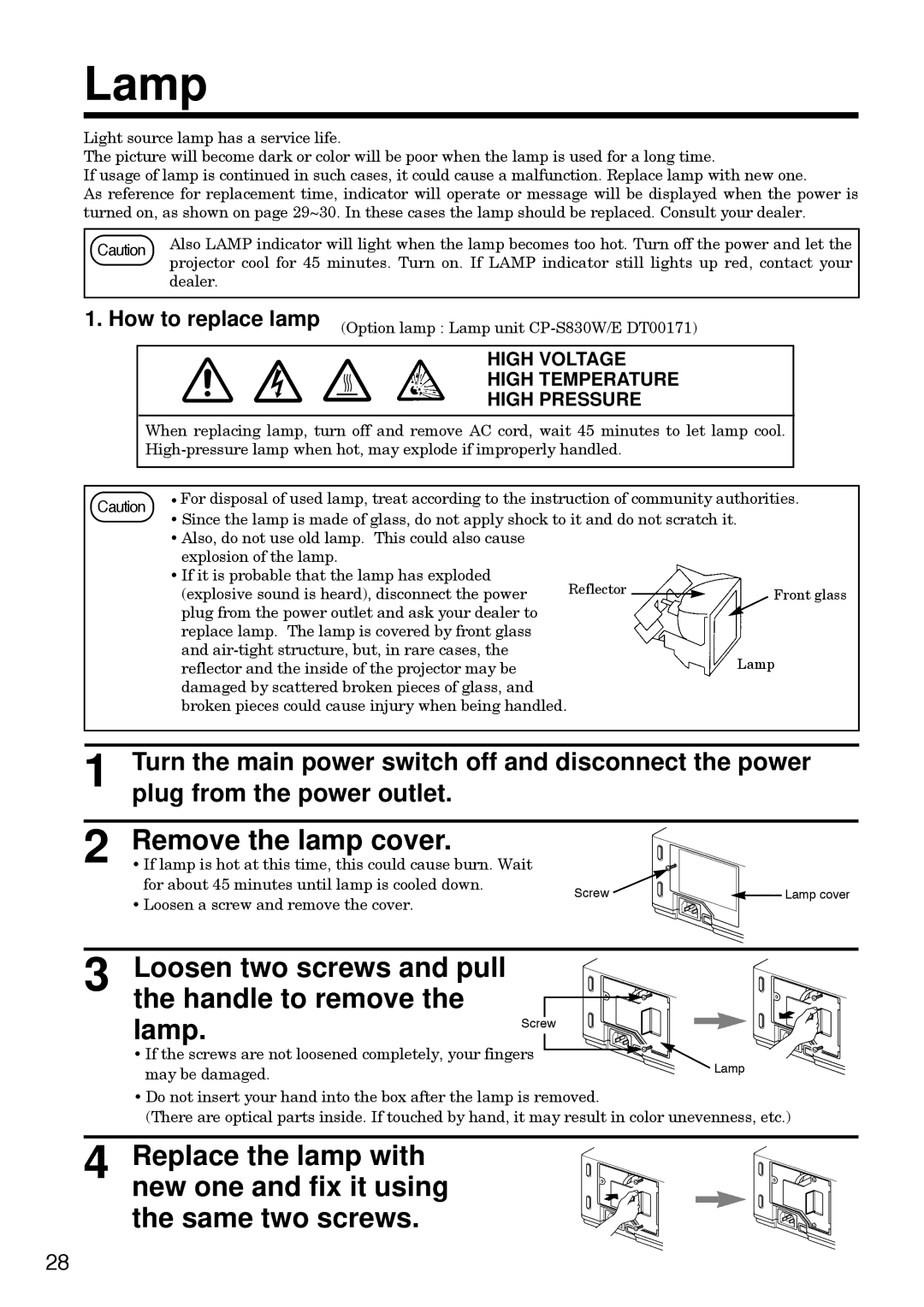 Hitachi CP-S830W/E Remove the lamp cover, Loosen two screws and pull Handle to remove Lamp.Screw, How to replace lamp 