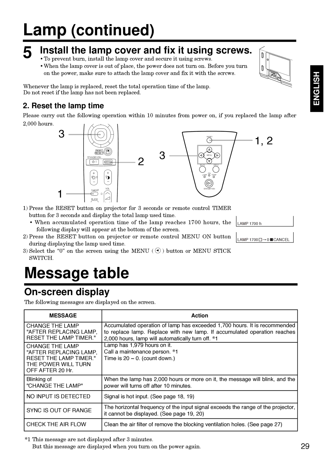 Hitachi CP-S830W/E specifications Lamp, Message table, On-screen display, Reset the lamp time, Action 