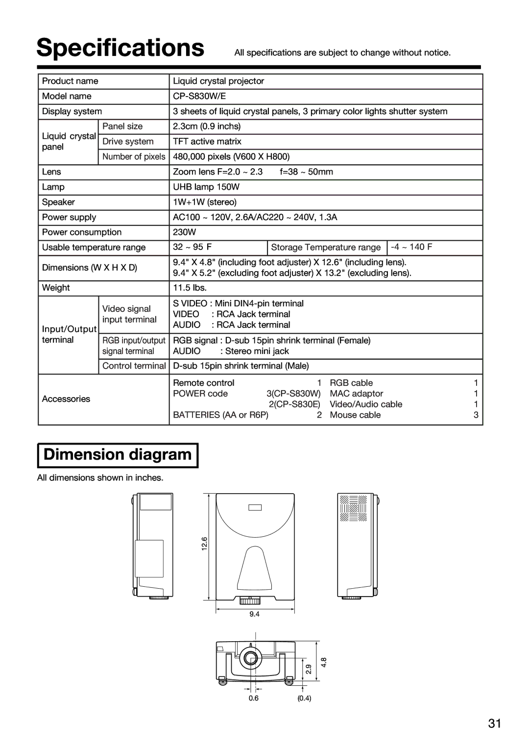 Hitachi CP-S830W/E specifications Specifications 