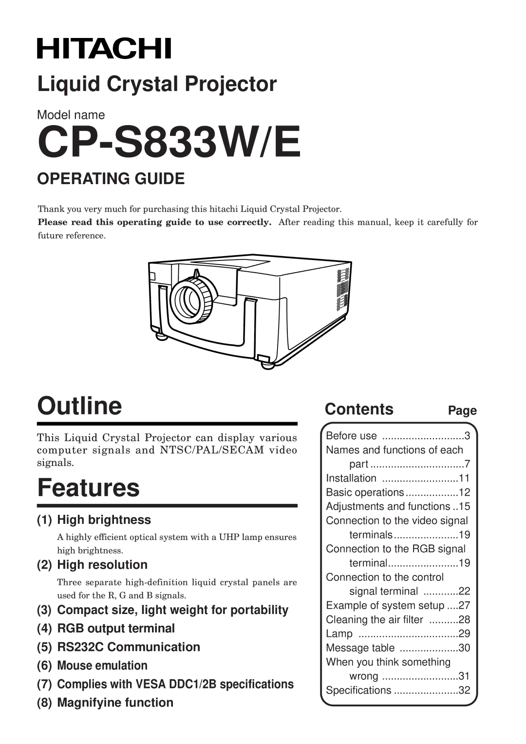 Hitachi CP-S833E, CP-S833W specifications Outline, Features, Operating Guide, Contents 