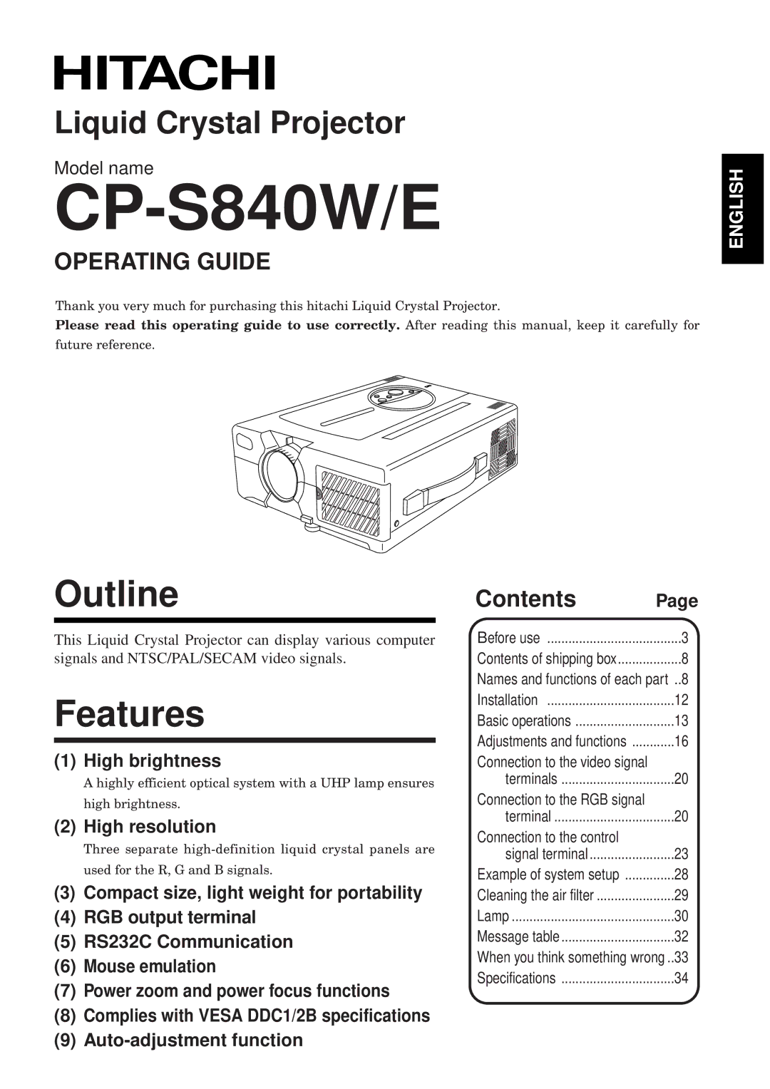 Hitachi CP-S840W/E specifications Outline, Features, Operating Guide, Contents 