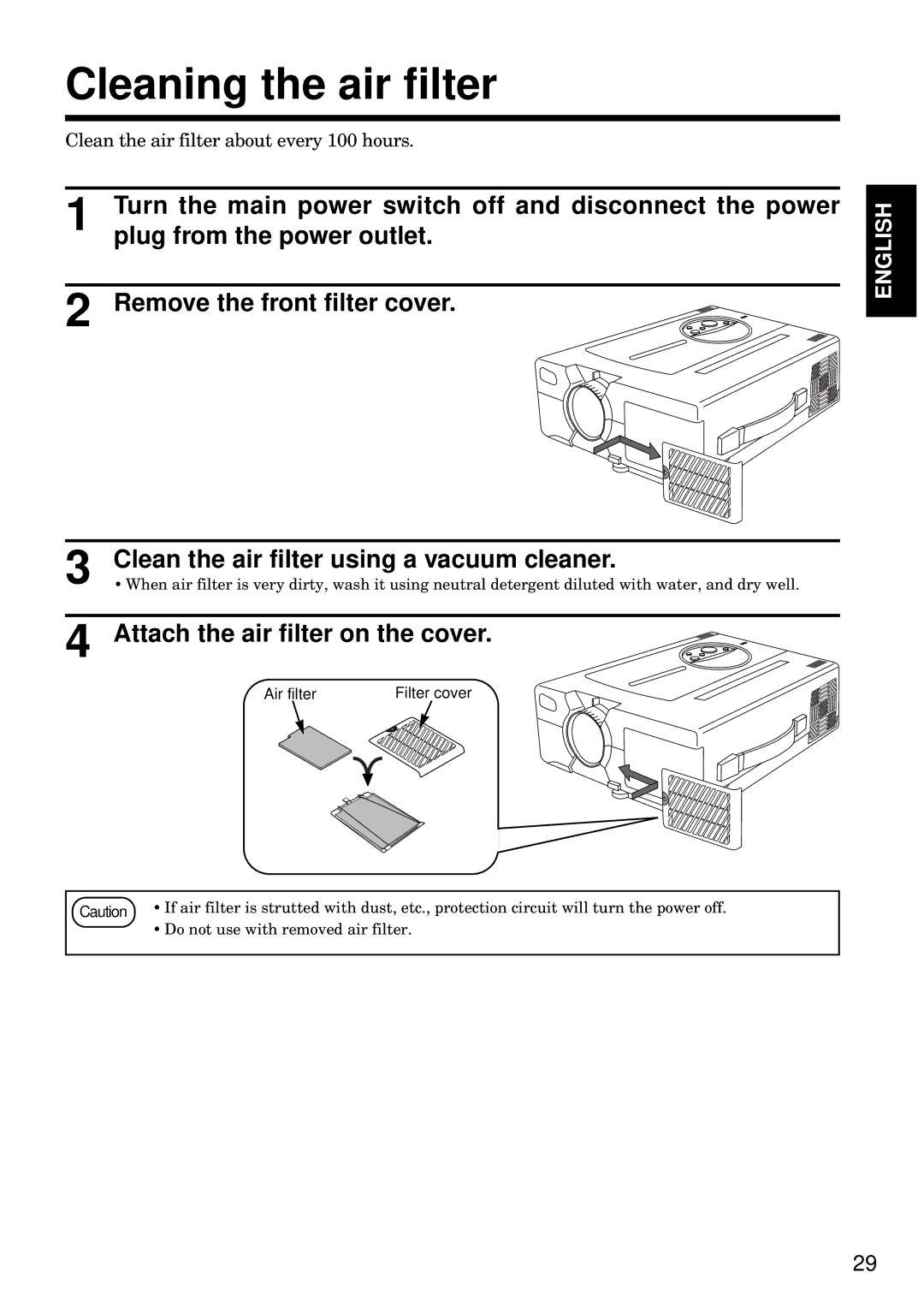 Hitachi CP-S840W/E specifications Cleaning the air filter, Air filter Filter cover 