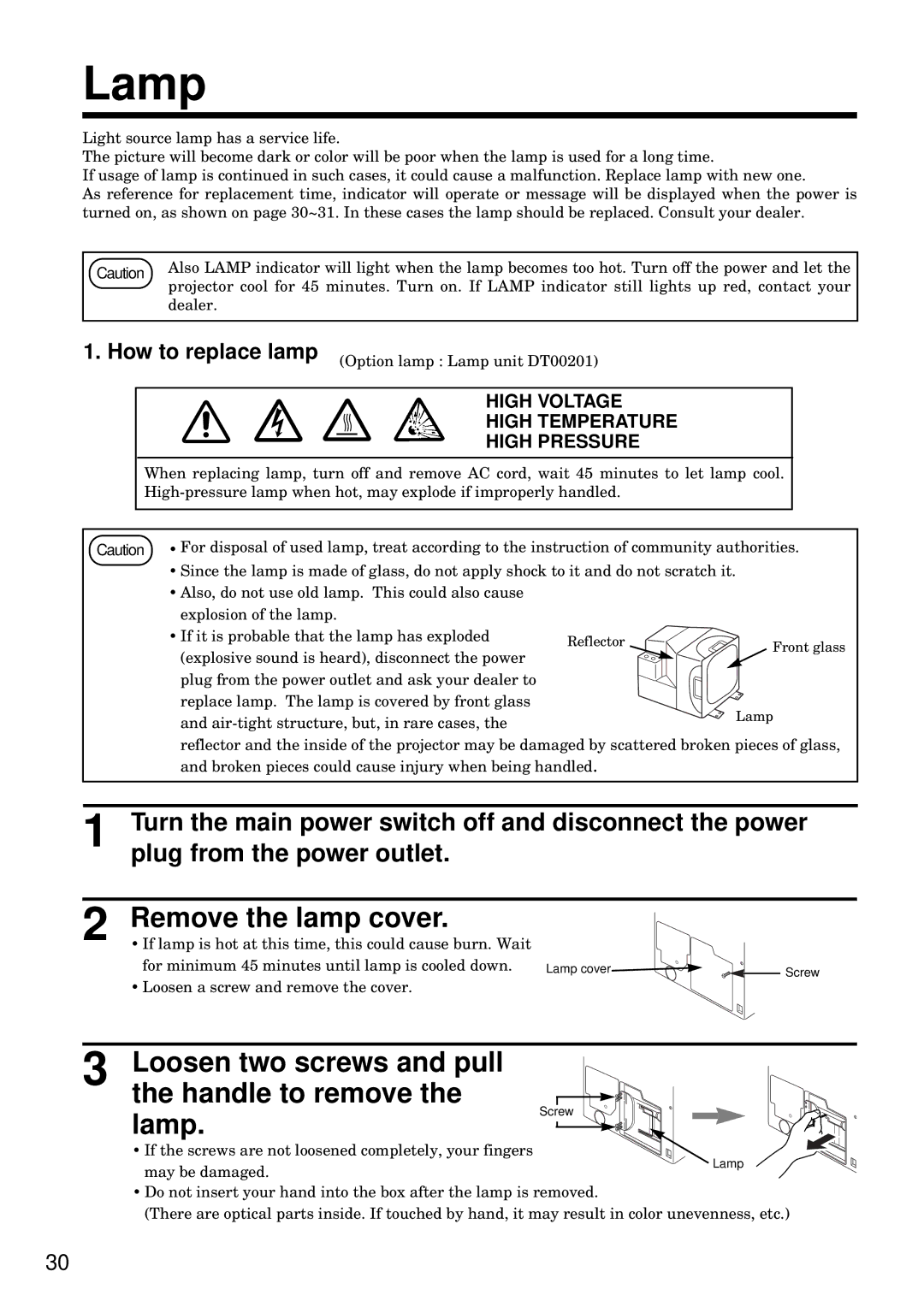 Hitachi CP-S840W/E Remove the lamp cover, Loosen two screws and pull the handle to remove Lamp, How to replace lamp 