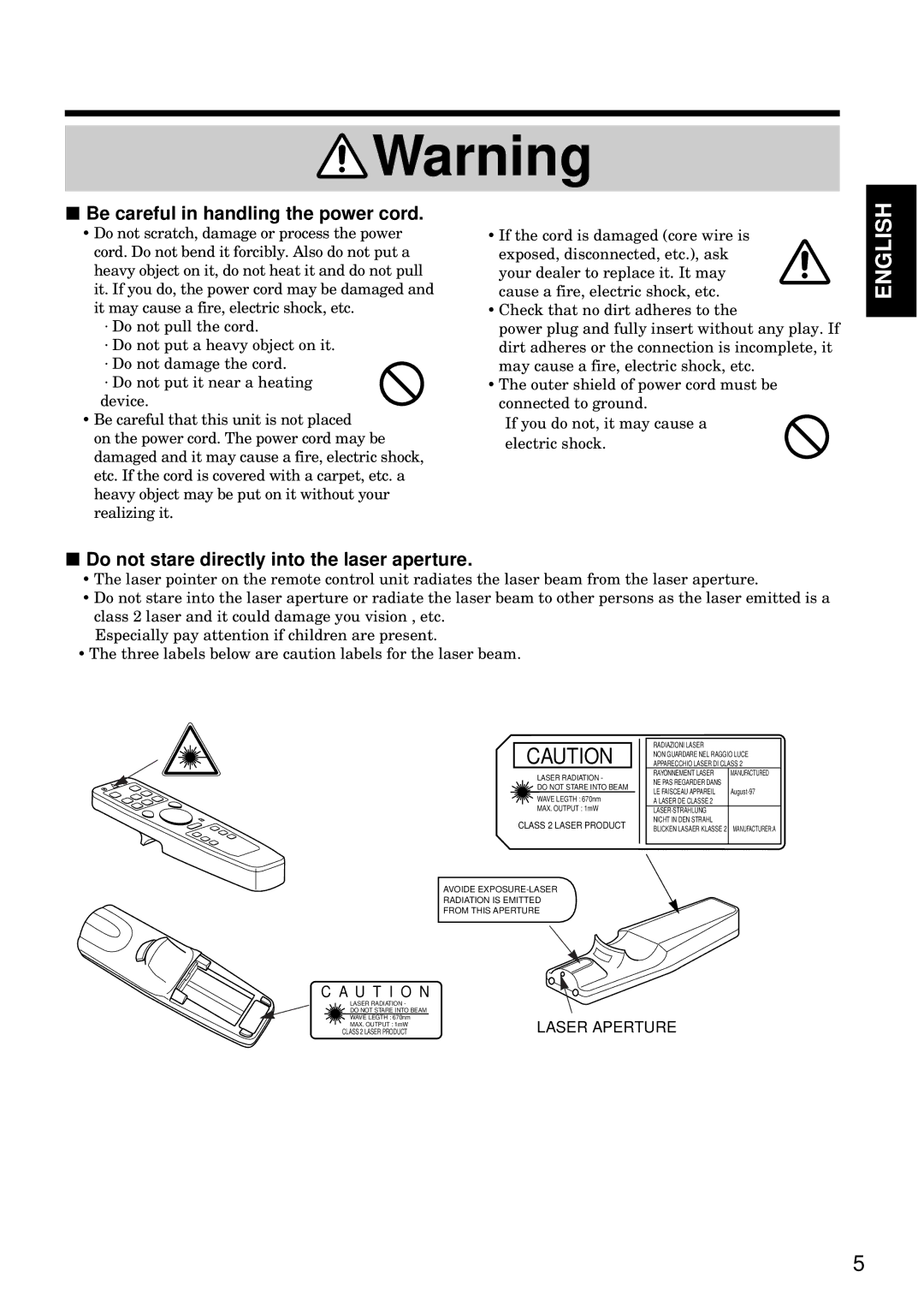 Hitachi CP-S840W/E specifications Be careful in handling the power cord, Do not stare directly into the laser aperture 