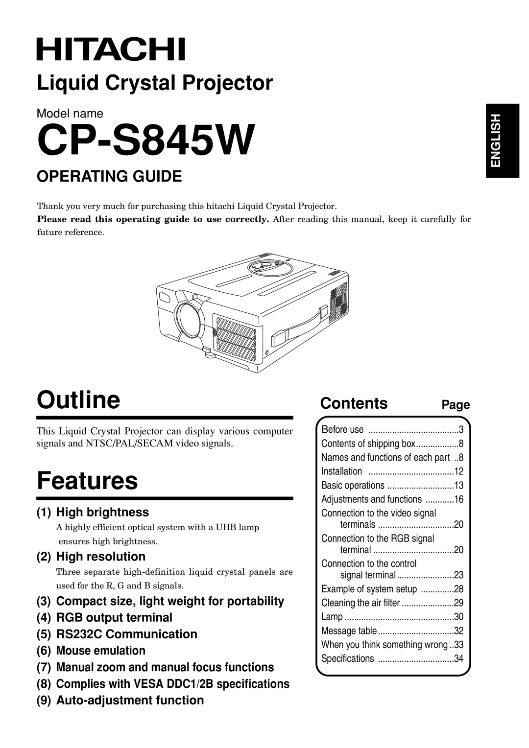 Hitachi CP-S845W specifications Outline, Features, Liquid Crystal Projector, Operating Guide, Contents, Model name, Page 