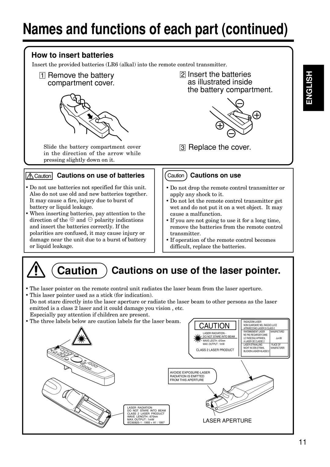 Hitachi CP-S845W Names and functions of each part continued, Caution Cautions on use of the laser pointer, English 