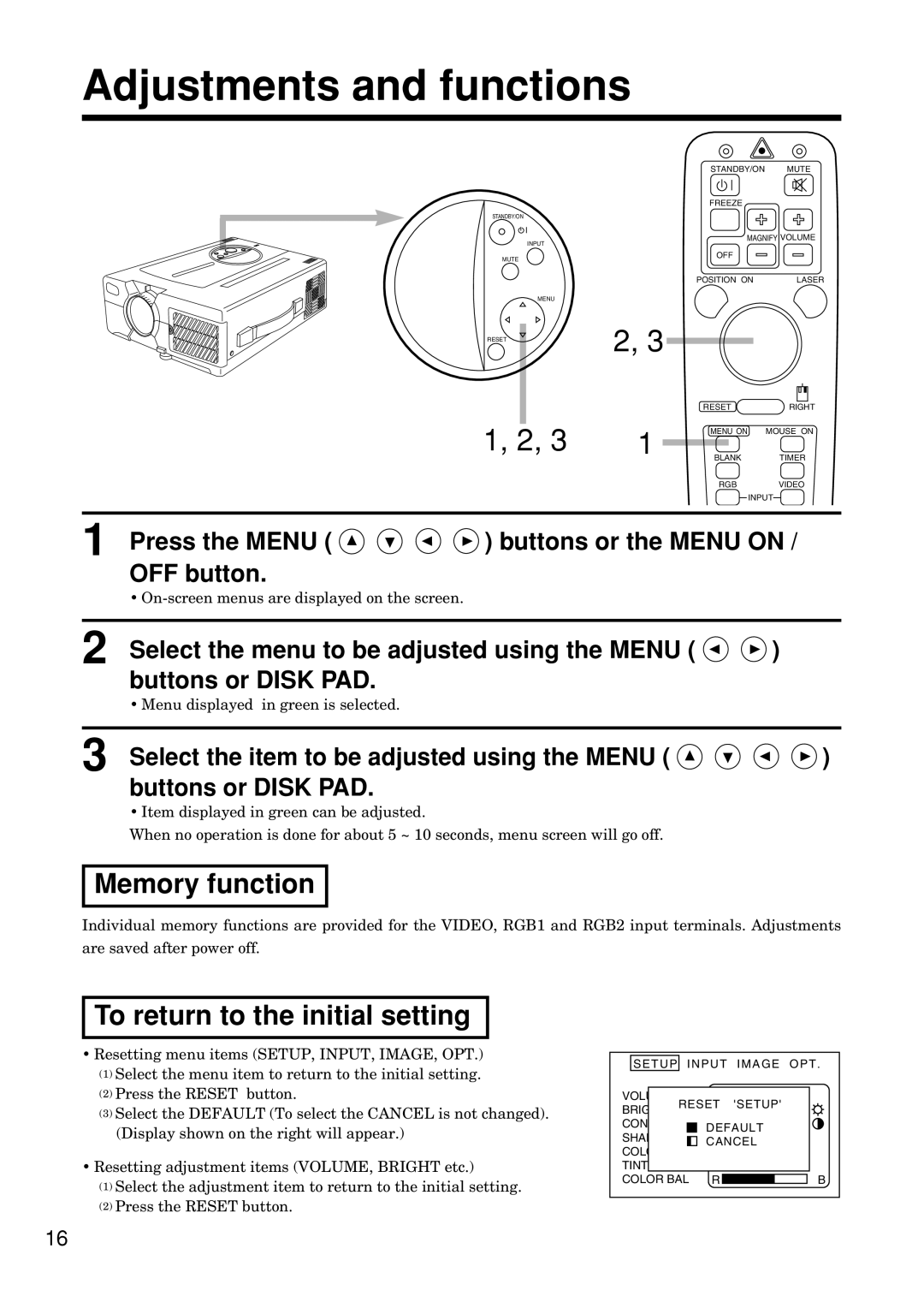 Hitachi CP-S845W Adjustments and functions, Memory function, To return to the initial setting, Press the MENU, OFF button 