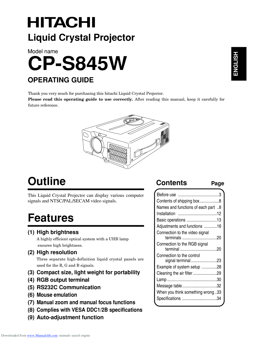 Hitachi CP-S845W specifications Outline, Features, Operating Guide, Contents 