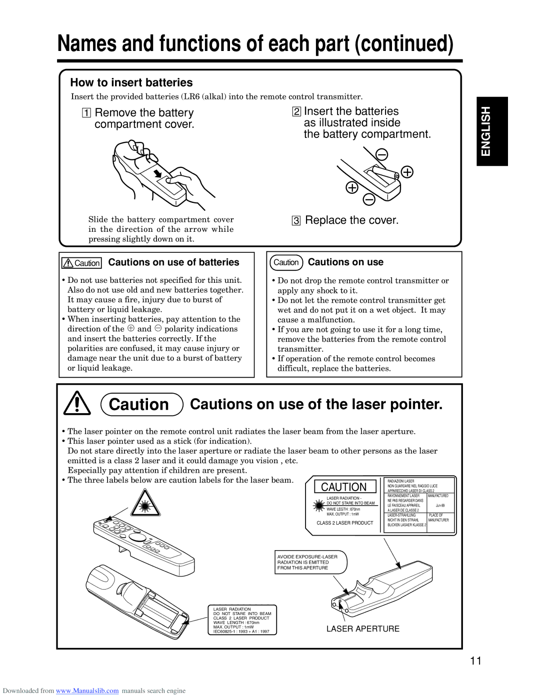 Hitachi CP-S845W specifications Names and functions of each part, How to insert batteries 