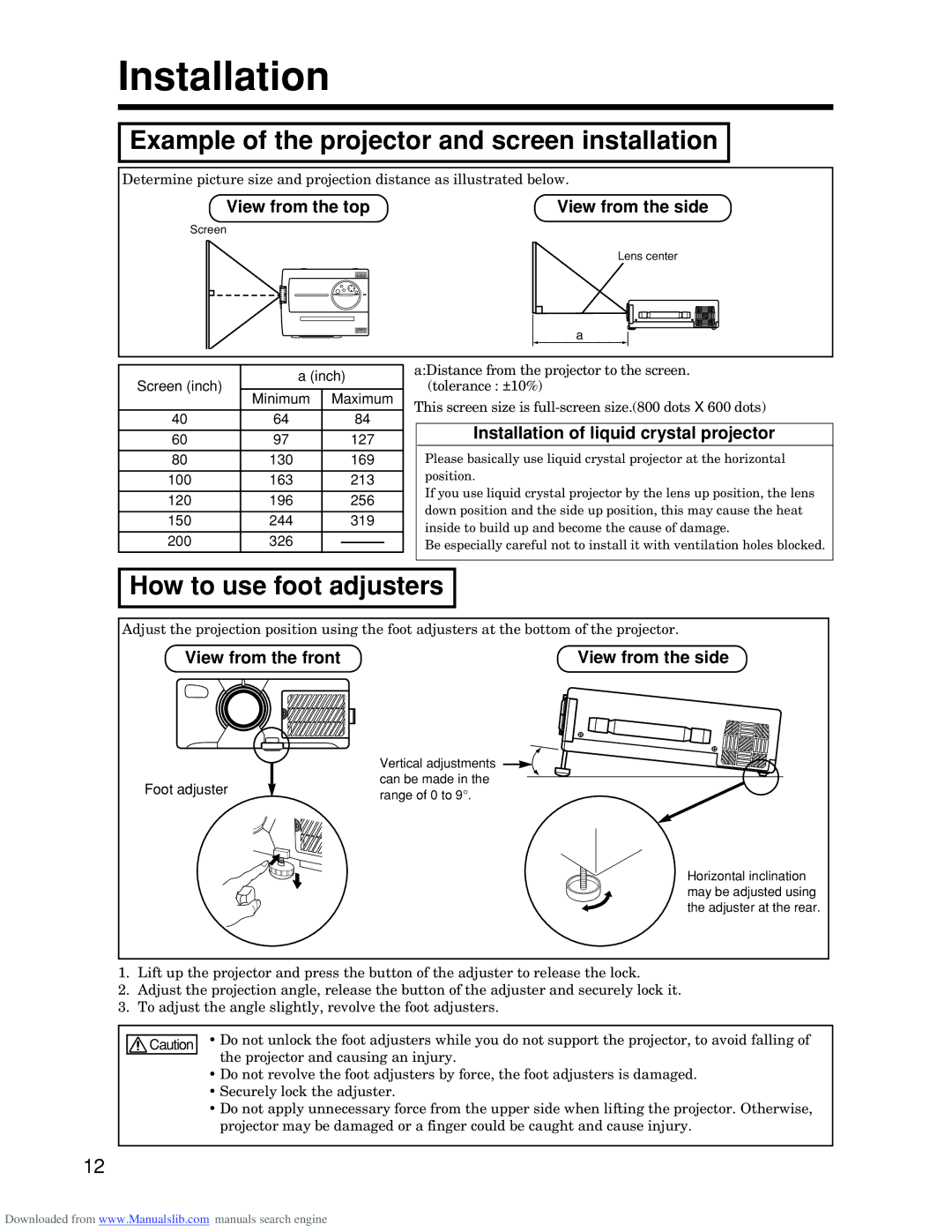 Hitachi CP-S845W specifications Installation, Example of the projector and screen installation, How to use foot adjusters 