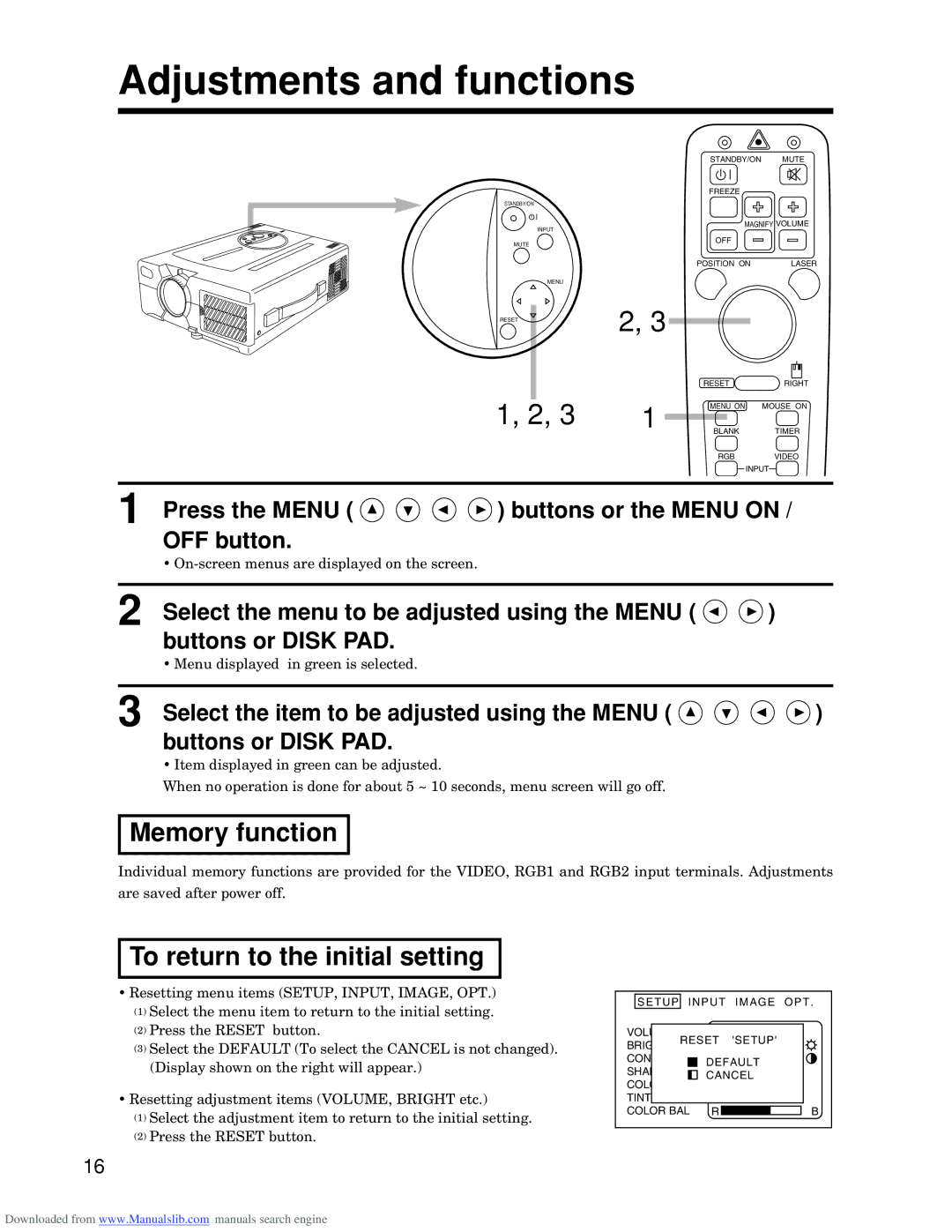 Hitachi CP-S845W specifications Adjustments and functions, Memory function, To return to the initial setting 